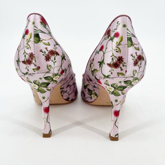Manolo Blahnik Maysale Pink Floral Satin Buckle Pumps IT 39.5 Pointed Toe Heels - Picture 9 of 11